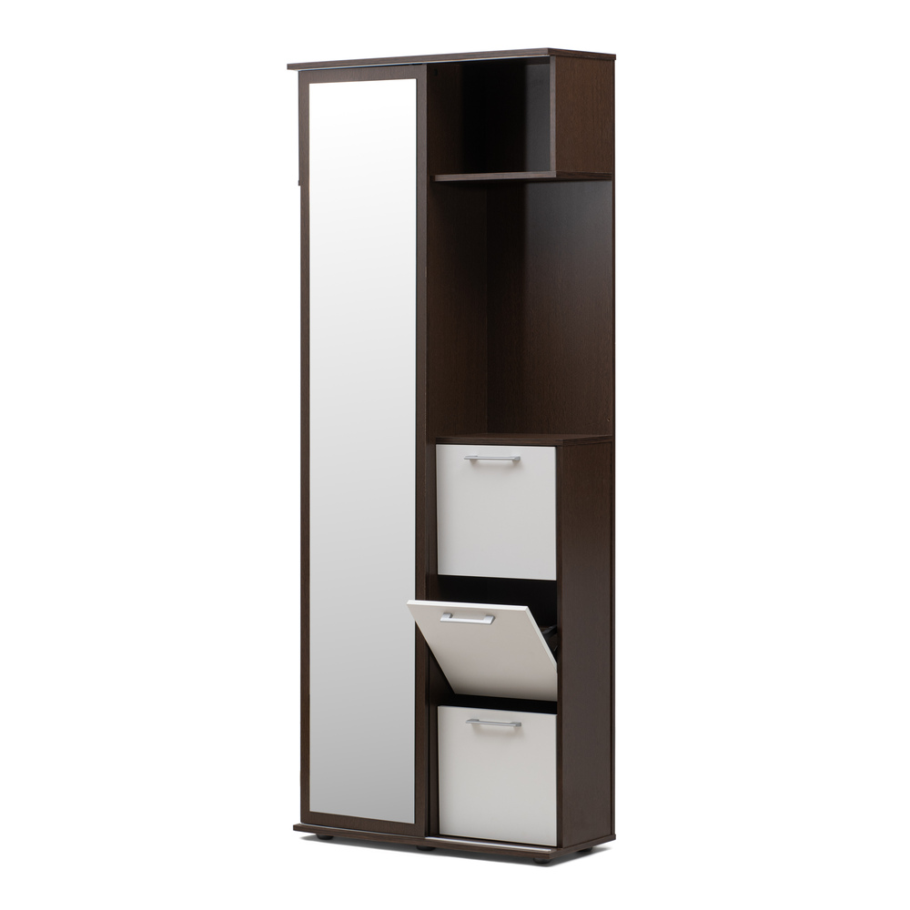 Mueble de Entrada Blanco y Wengué, Armario Recibidor, Colgador Espejo y Zapatero 