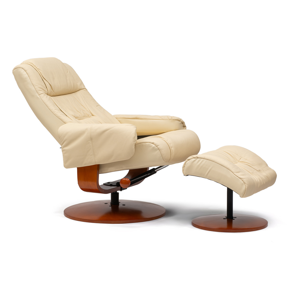 Sillón de Relax Kemi con Otomana Reclinable Madera y Polipiel Beige