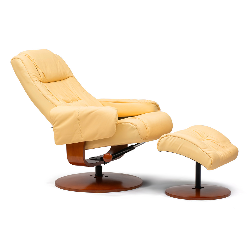 Sillón de Relax Kemi con Otomana Reclinable de Madera y Polipiel Mantequilla