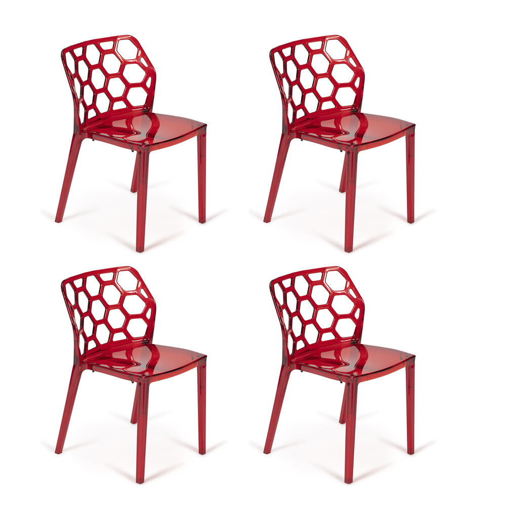 Pack 4 Sillas HoneyComb Apilables de Plástico Traslucido Rojas 52 x 70 x 94 cm